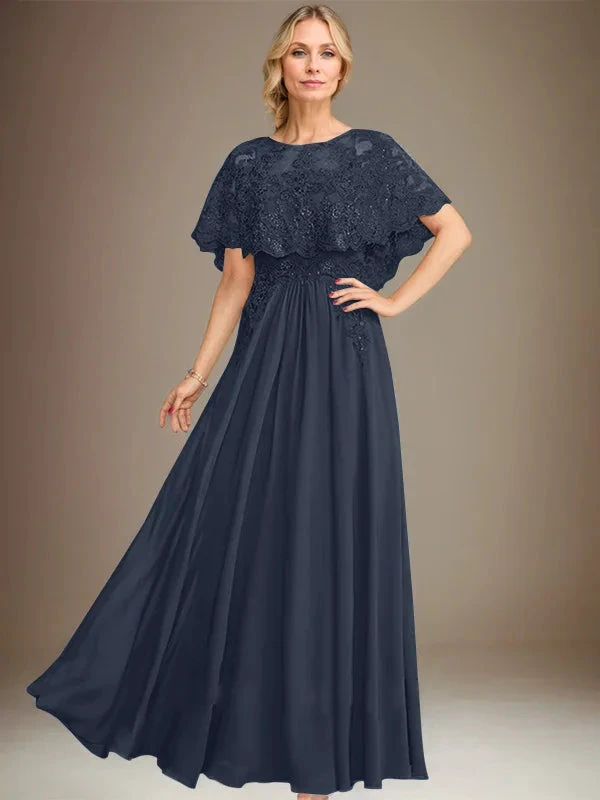 A-line Boat Neck Floor-Length Lace Chiffon Mother of the Bride Dress With Applique Sequins by Dreamylily