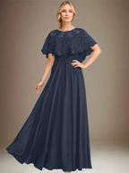 A-line Boat Neck Floor-Length Lace Chiffon Mother of the Bride Dress With Applique Sequins by Dreamylily