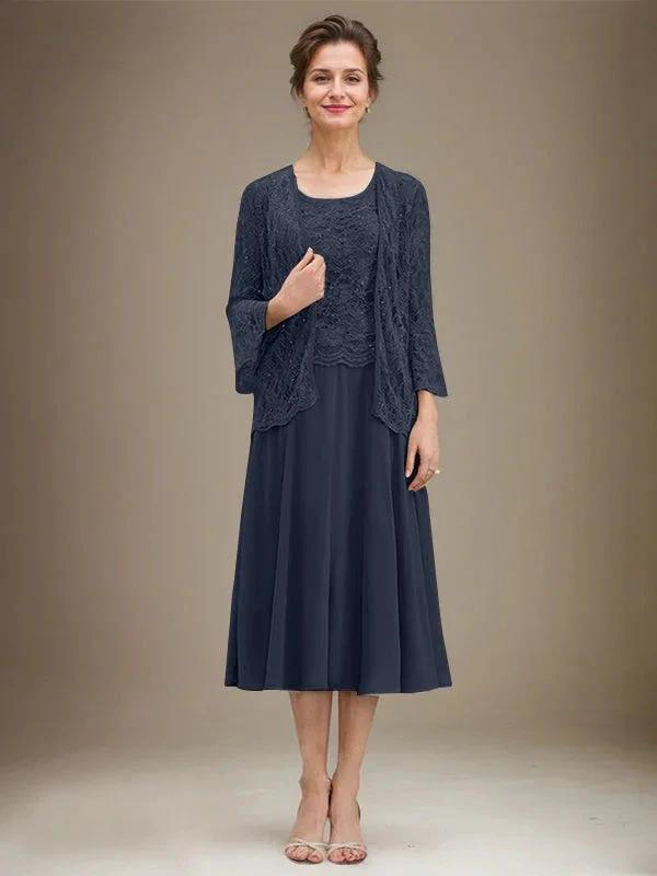 A-line Scoop Tea-Length Lace Chiffon Mother of the Bride Dress With Sequins by Dreamylily