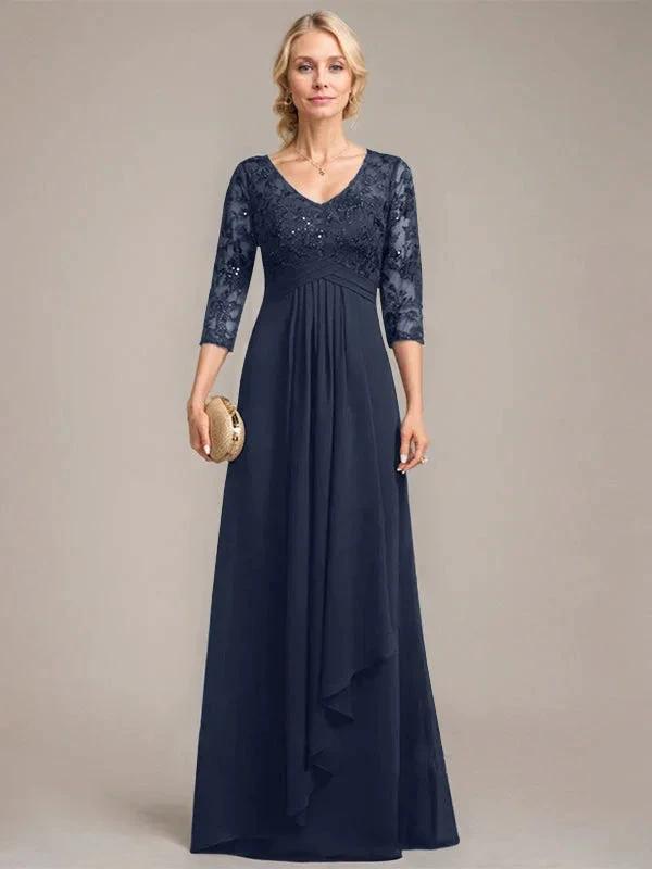 A-line V-Neck Floor-Length Lace Chiffon Mother of the Bride Dress With Cascading Ruffles Sequins by Dreamylily
