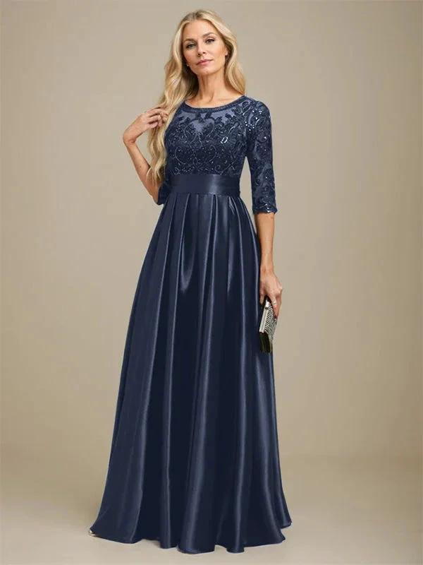 A-line Scoop Illusion Floor-Length Stretch Satin Lace Mother of the Bride Dress With Bow Sequins by Dreamylily