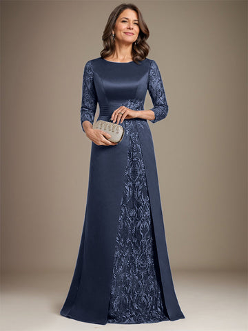 A-Linie U-Ausschnitt Bodenlang Spitze Satin Kleid für die Brautmutter mit Applikation 