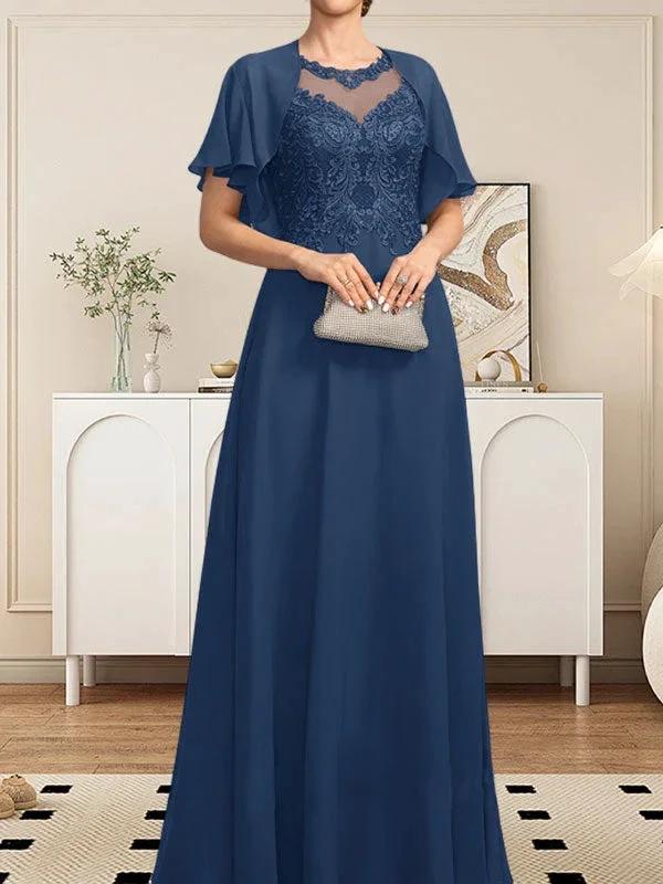 A-line Scoop Illusion Floor-Length Lace Chiffon Mother of the Bride Dress With Sequins by Dreamylily