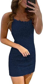 Short Column Blue Lace Spaghetti Straps Sleeveless Prom Dresses by misshow.com