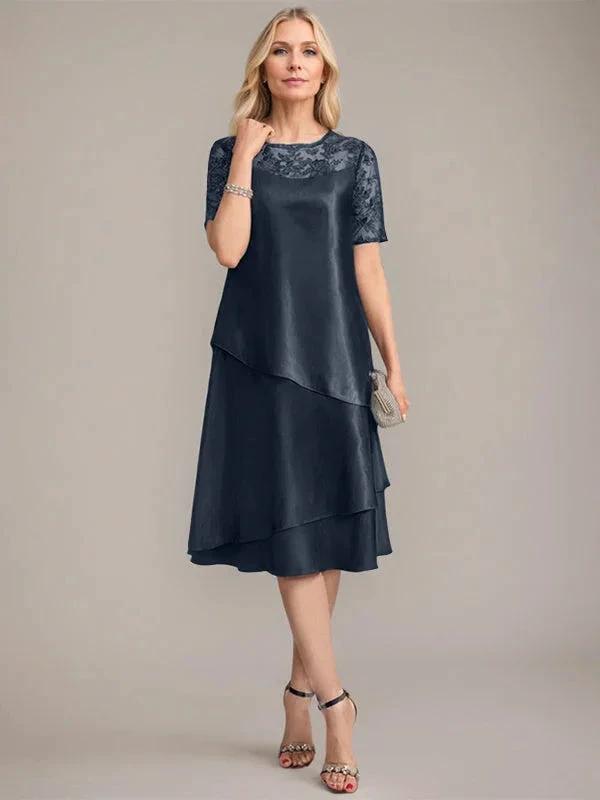 A-Line Scoop Knee-Length Mother of the Bride Dress With Applique & Sequins by Dreamylily