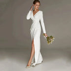 New Civil Wedding Dress V-neck Floor Length White Side Slit Bridal Gown For Bride Lawn 2023 Engagement Party Vestidos Novia by payinti
