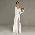 New Civil Wedding Dress V-neck Floor Length White Side Slit Bridal Gown For Bride Lawn 2023 Engagement Party Vestidos Novia by payinti