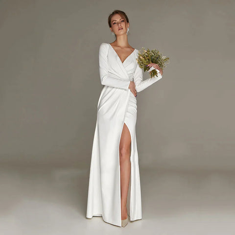 New Civil Wedding Dress V-neck Floor Length White Side Slit Bridal Gown For Bride Lawn 2023 Engagement Party Vestidos Novia