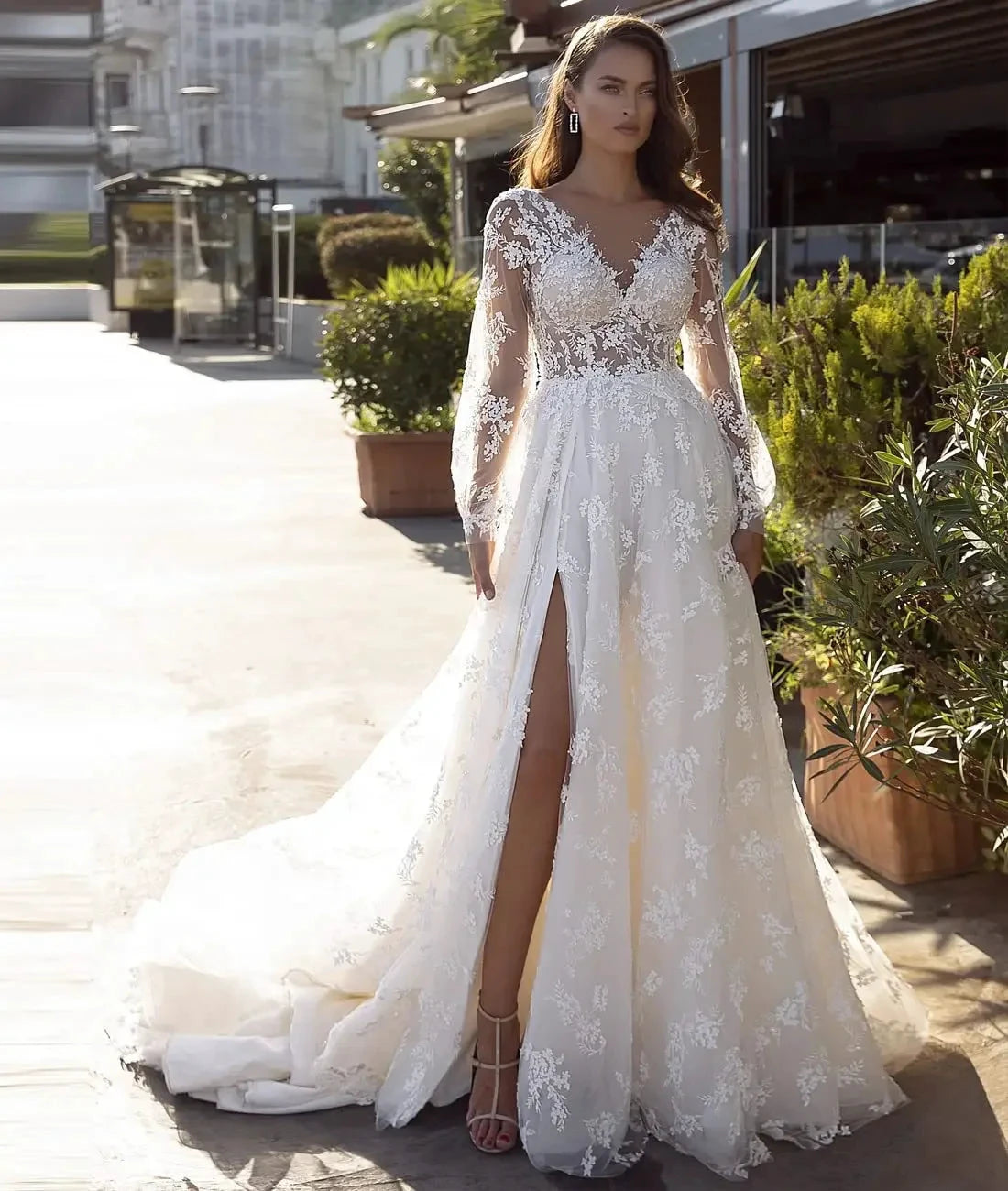 New Long Sleeves Vestidos De Novia Appliques Vestido De Noiva V-Neck Backless Wedding Dresses Lace Robe De Mariée by payinti