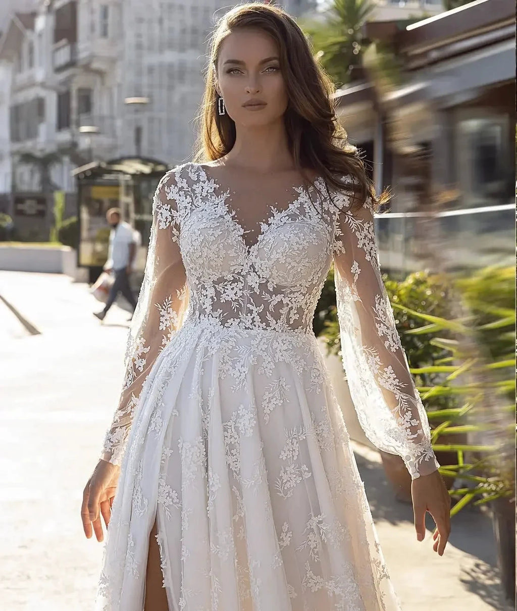 New Long Sleeves Vestidos De Novia Appliques Vestido De Noiva V-Neck Backless Wedding Dresses Lace Robe De Mariée by payinti