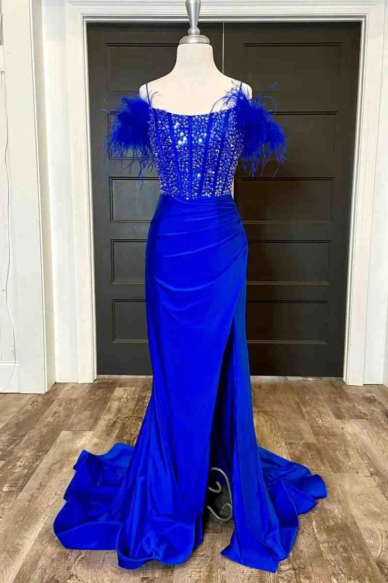 New Mermaid Satin Off The Shoulder Beaded Side Slit Long Prom Dresses With Feather by KissProm