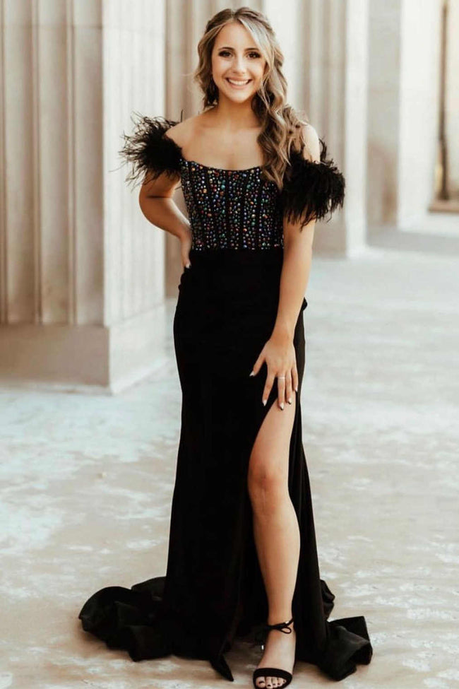 New Mermaid Satin Off The Shoulder Beaded Side Slit Long Prom Dresses With Feather Hover Image
