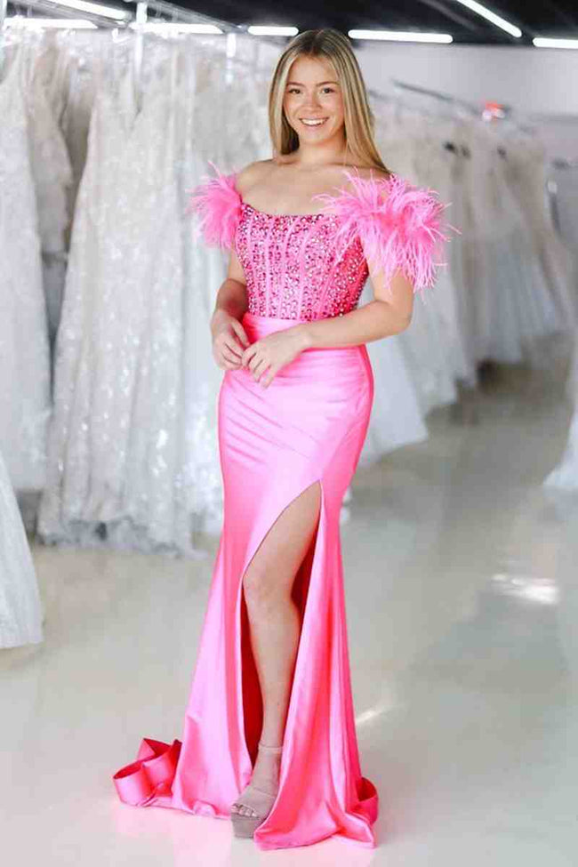 New Mermaid Satin Off The Shoulder Beaded Side Slit Long Prom Dresses With Feather Main Image