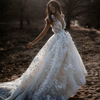 New Romantic Boho Country Wedding Dresses With 3D Flowers Sexy V-Neck Illusion Arabic Bridal Wedding Gowns