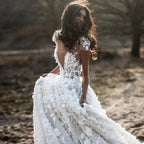 New Romantic Boho Country Wedding Dresses With 3D Flowers Sexy V-Neck Illusion Arabic Bridal Wedding Gowns