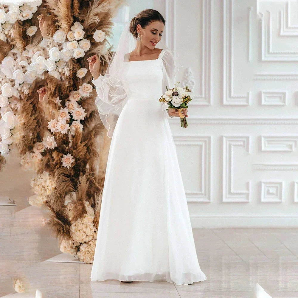 New Simple Wedding Dress 2022 A Line Square Collar Long Sleeve Floor Length Beach Bridal Gowns Eleagnt Vestidos De Novia Civil by payinti