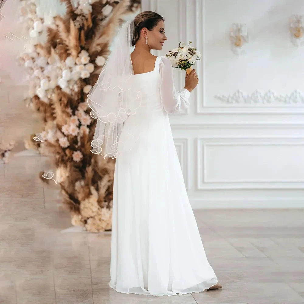 New Simple Wedding Dress 2022 A Line Square Collar Long Sleeve Floor Length Beach Bridal Gowns Eleagnt Vestidos De Novia Civil by payinti