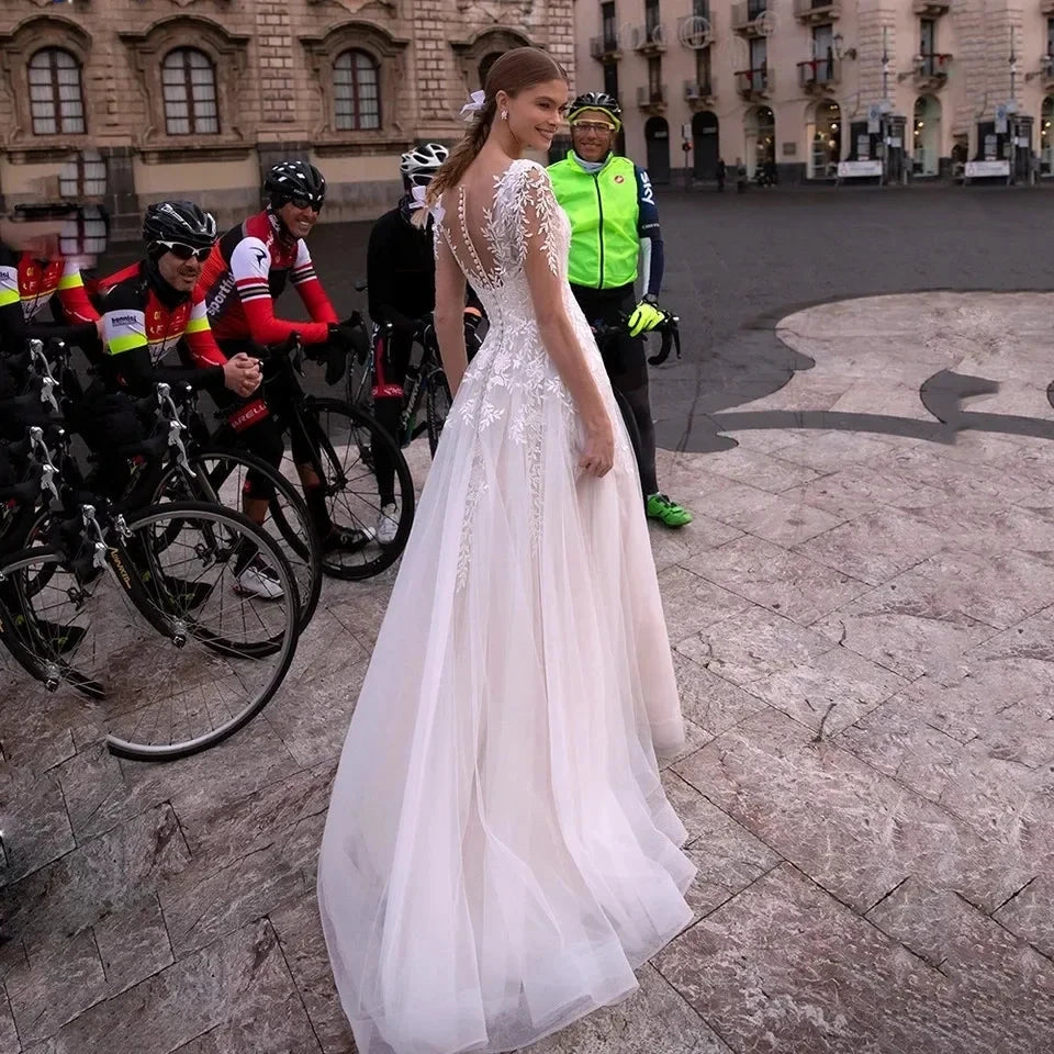 New Simple Wedding Dress V-Neck Vestidos De Novia Appliques Long Sleeves Vestido De Noiva Lace Robe De Mariée by payinti