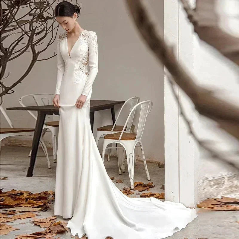 New White V-neck Mermaid Lace Real Photo 2023 Satin Wedding Dress Korean Style Zipper 웨딩 드레스 Wedding Gowns by payinti