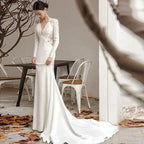 New White V-neck Mermaid Lace Real Photo 2023 Satin Wedding Dress Korean Style Zipper 웨딩 드레스 Wedding Gowns by payinti