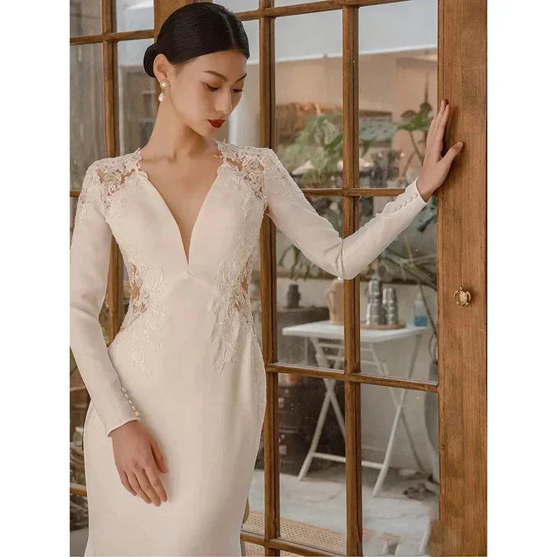 New White V-neck Mermaid Lace Real Photo 2023 Satin Wedding Dress Korean Style Zipper 웨딩 드레스 Wedding Gowns by payinti