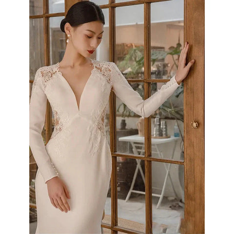 Neues weißes V-Ausschnitt-Meerjungfrau-Spitze-Real-Foto-2023-Satin-Hochzeitskleid im koreanischen Stil mit Reißverschluss 웨딩 드레스 Hochzeitskleider 