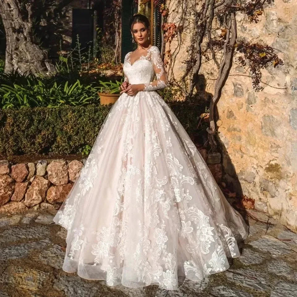 Newest Ball Gown Wedding Dress Elegant Long Sleeve Robe De Mariee Illusion Back Trouwjurk O-Neck Gorgeous vestidos de novia by payinti