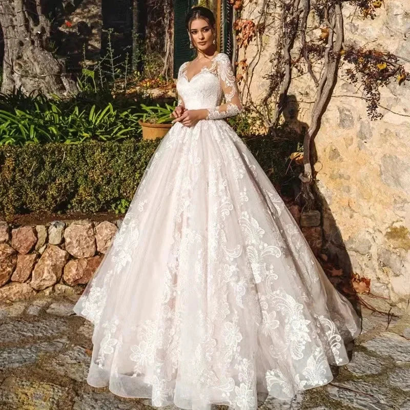 Newest Ball Gown Wedding Dress Elegant Long Sleeve Robe De Mariee Illusion Back Trouwjurk O-Neck Gorgeous vestidos de novia by payinti