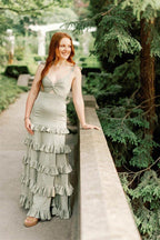 Melssa | Knotted Sage Ruffles Mermaid Tiedred Maxi Dress by KissProm