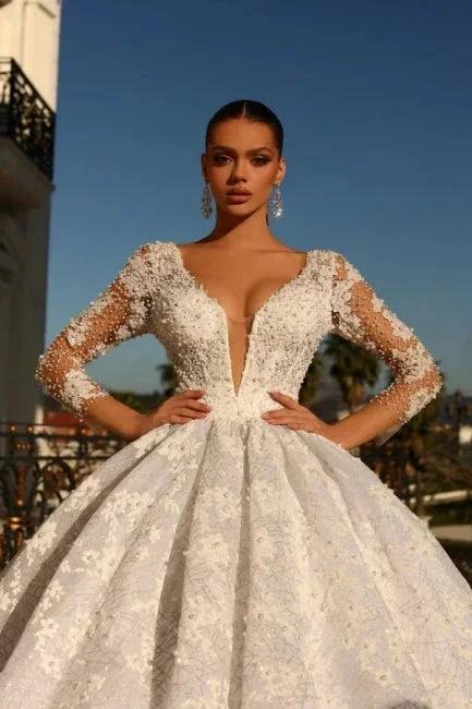 Noble sweetheart 3/4 length sleeves ball gown lace wedding dress rhinestones by misshow.com