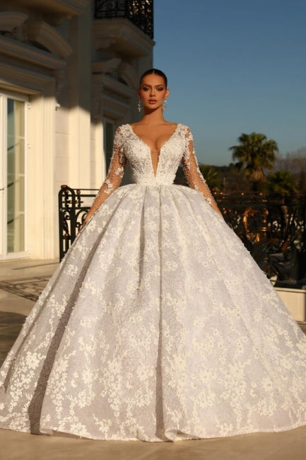 Noble sweetheart 3/4 length sleeves ball gown lace wedding dress rhinestones Hover Image