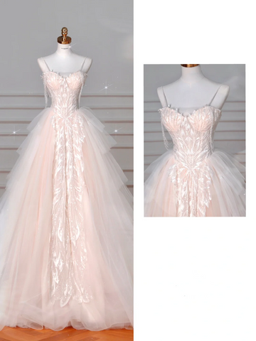 Vestido de novia elegante de tul rosa claro, corte A, vestido de noche formal para graduación Y8623