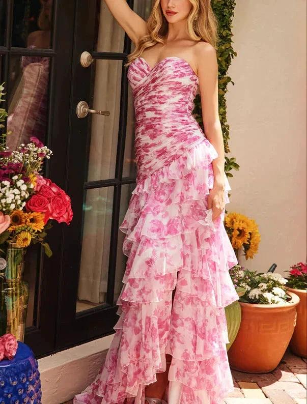 Pretty Strapless Chiffon Print Floral Layered Evening Dress Slit Prom Dress Y7881 by simplepromdress