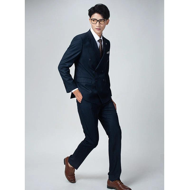 Double breasted suit men's suit British grey striped business casual suit men's formal suit slim fit groom's wedding dress by 男装