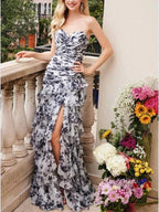 Pretty Strapless Chiffon Print Floral Layered Evening Dress Slit Prom Dress Y7881 by simplepromdress