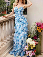 Pretty Strapless Chiffon Print Floral Layered Evening Dress Slit Prom Dress Y7881 by simplepromdress