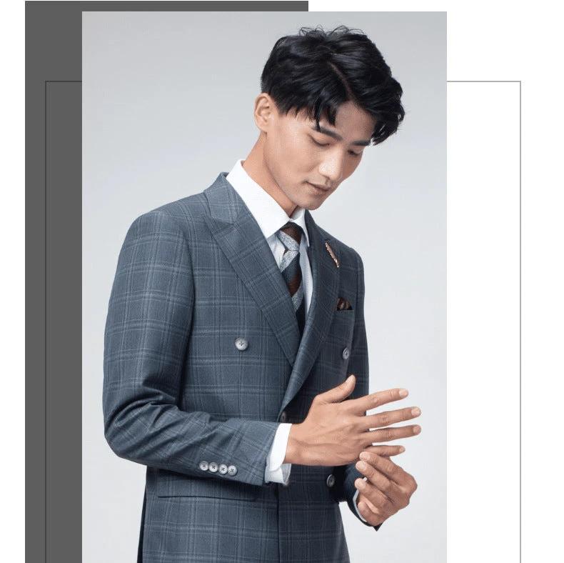 Double breasted suit men's suit slim fit Korean style trendy wedding groom British dress casual plus size men's suit by 男装