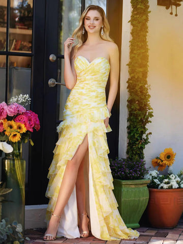 Pretty Strapless Chiffon Print Floral Layered Evening Dress Slit Prom Dress Y7881