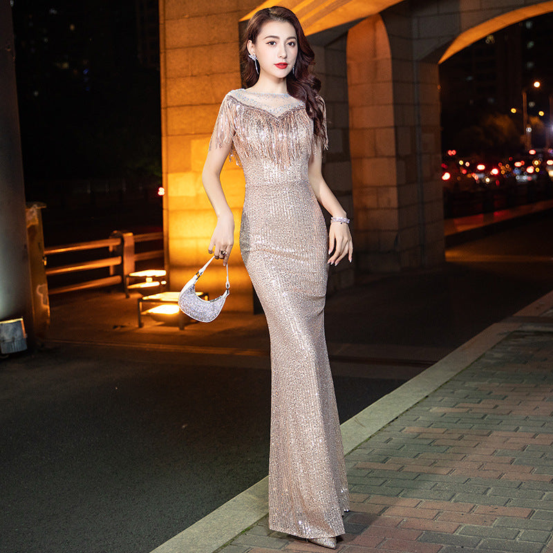 香槟色晚礼服裙女2025新款宴会修身气质年会主持人连衣裙高级感大