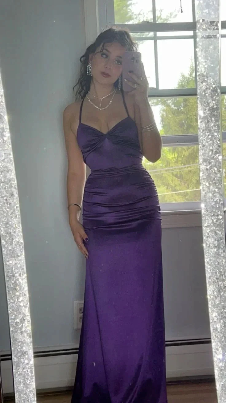 Beautiful Purple Satin Sheath Long Sheath Evening Dress Y7920 by simplepromdress