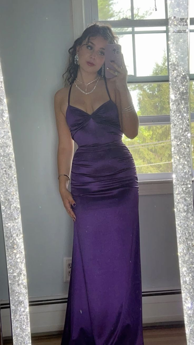 Beautiful Purple Satin Sheath Long Sheath Evening Dress Y7920 Hover Image