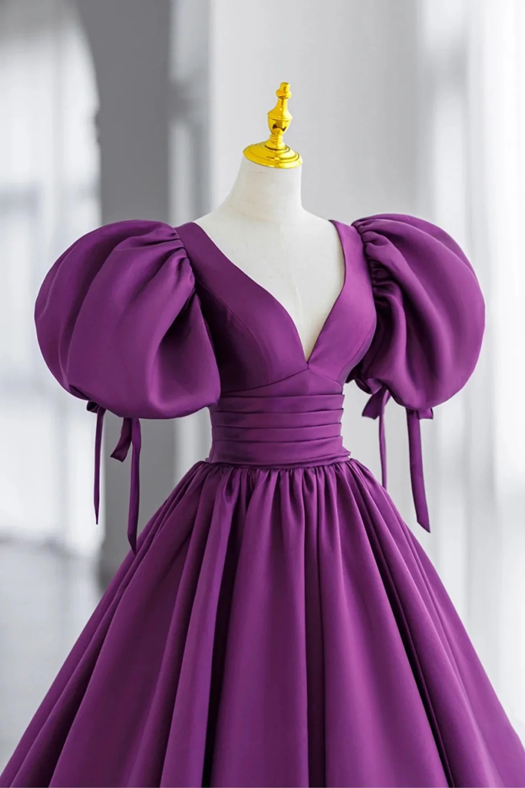 Purple Puff Sleeves Satin Long Prom Dress V-Neck Evening Dress Y856