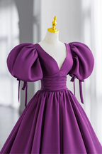 Purple Puff Sleeves Satin Long Prom Dress V-Neck Evening Dress Y856