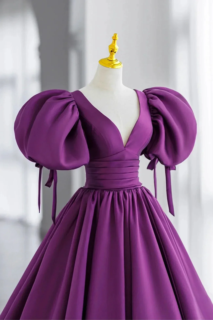 Purple Puff Sleeves Satin Long Prom Dress V-Neck Evening Dress Y856 by simplepromdress