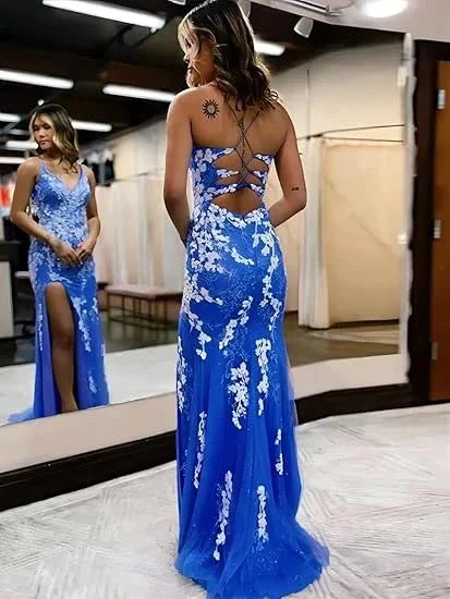 V Neck Mermaid Open Back Purple Lace Long Prom Dresses with High Slit, Mermaid Purple Formal Graduation Evening Dresses Y344 by simplepromdress