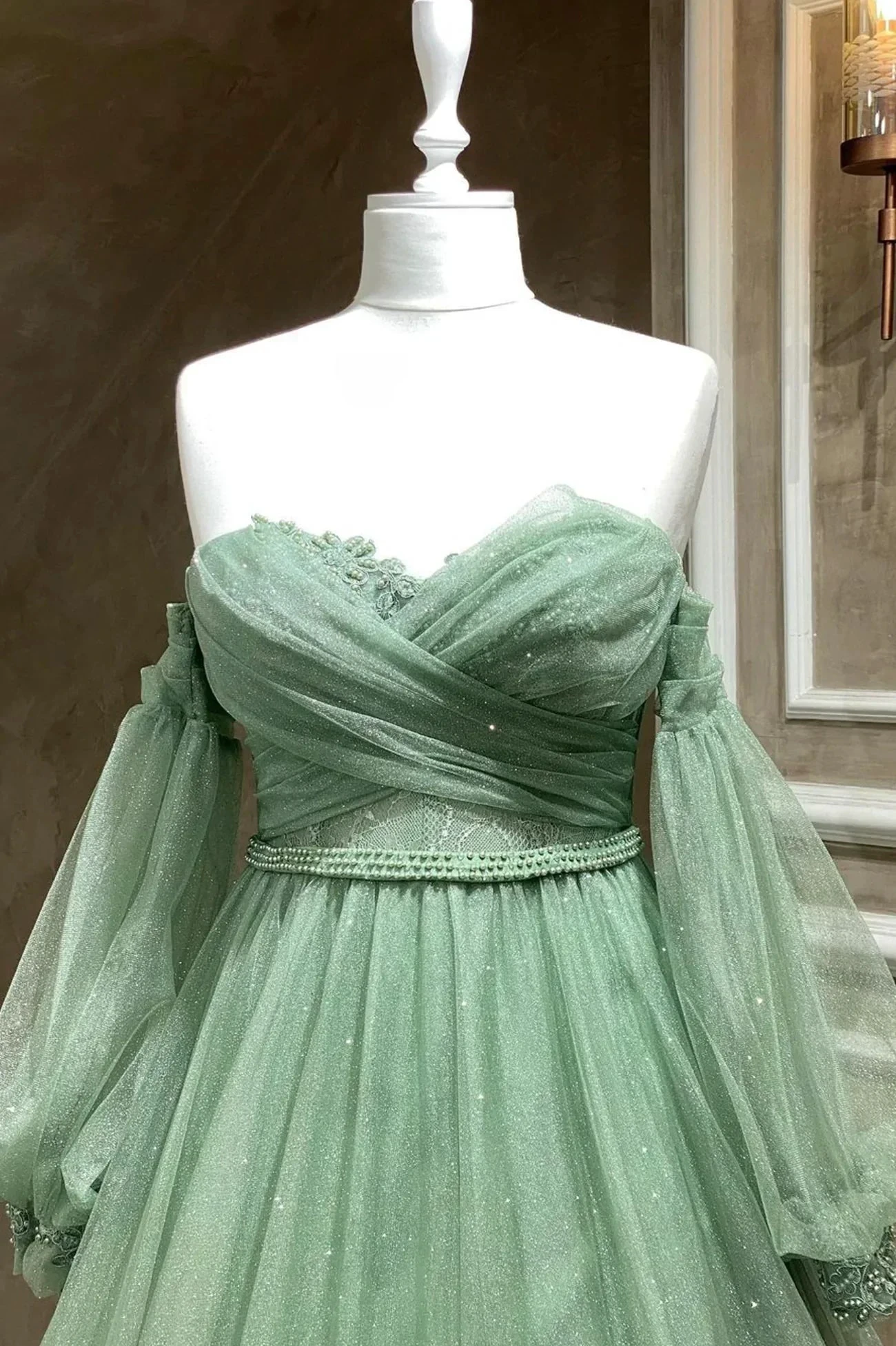 Bling Green Tulle Puffy Sleeves Formal Dresses A Line Green Long Evening Gown Y7981 by simplepromdress