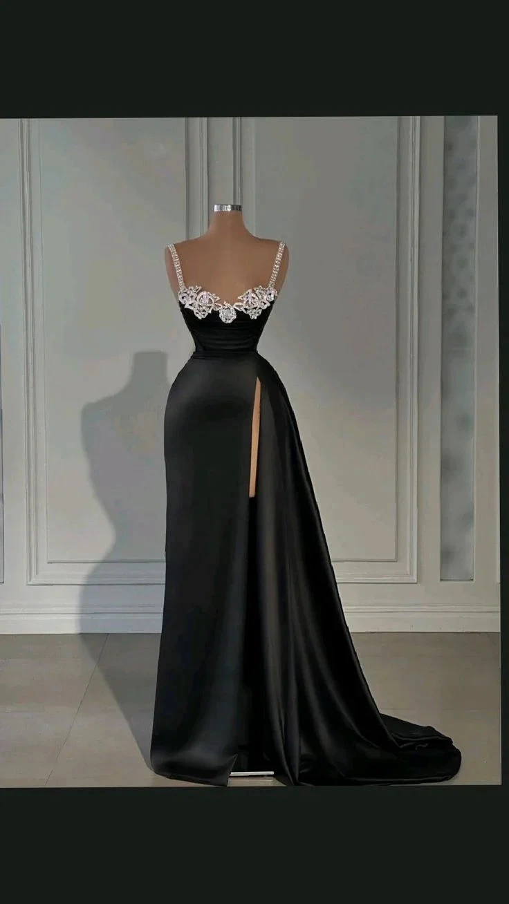 Elegant black evening gown with lace straps and thigh-high slit on mannequin, ZAPDRESS