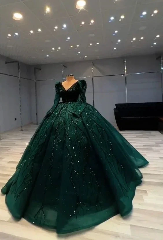 Luxurious Green Long Sleeves Ball Gown,Green Sweet 16 Dress Y6558 by simplepromdress