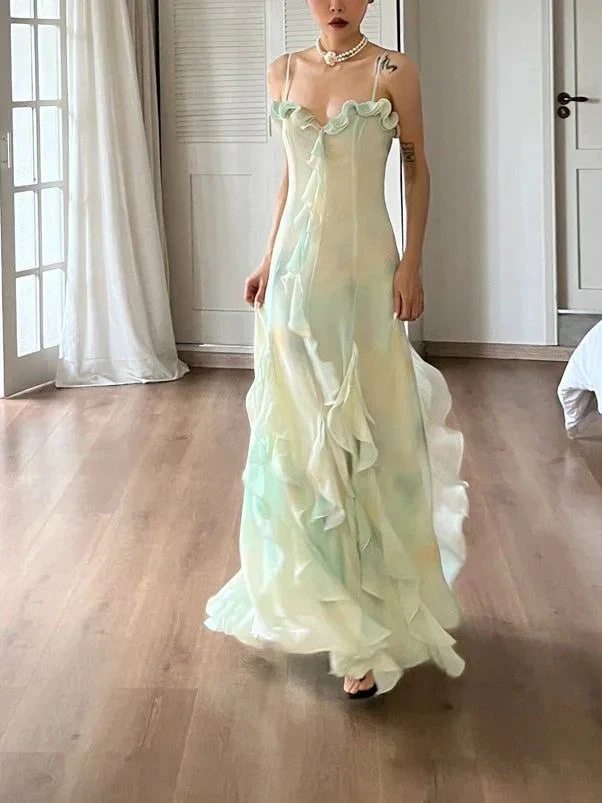 Beautiful Green Chiffon Layered Ruffle Prom Dress Straps Evening Gown Y7897 by simplepromdress