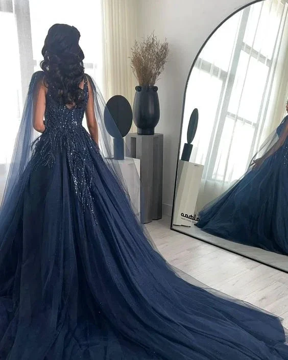 Navy Blue Glitter Square Neck Tulle Long Sleeves Luxury Ball Gown Y4883 by simplepromdress
